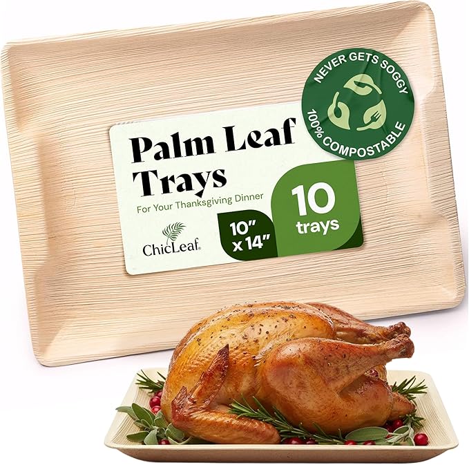 Chic Leaf Rectangular Palm Leaf Platter - 10 x 14 In, Pack of 10, Natural - Compostable Tray for Charcuterie & Party Trays - Oven & Microwave Safe Platter & Bamboo Plates Thanksgiving Dinner