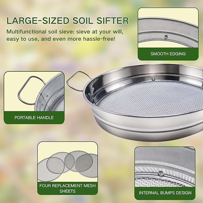 14.5“ Soil Sifter for Gardening with Handles, Large Rock Sifter with 4 Replaceable Screens,Compost Sifter Dirt Sifter, Captures Dirt Rocks Sawdust