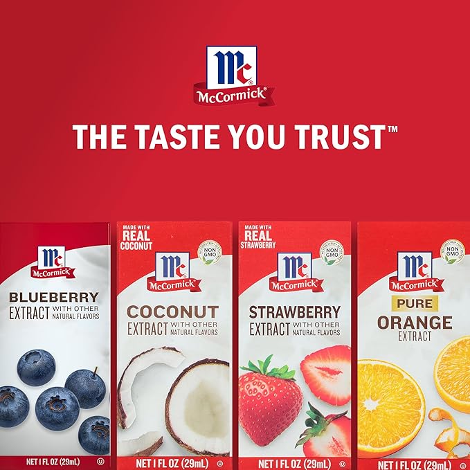 McCormick Fruity Extract Variety Pack, Includes Orange, Strawberry, Blueberry, and Coconut Flavors, For Baking, Mocktails, and More, 4 fl oz
