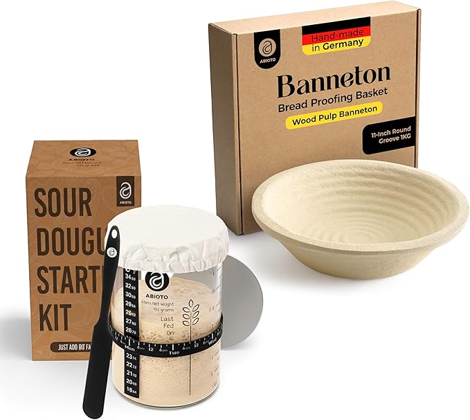 Sourdough Proofing Basket and Starter Jar Kit – 2.2 LB Round Wood Pulp Banneton with Grooved Pattern (Made in Germany) and 34 oz Sourdough Starter Jar, Thermometer Strips & Spatula –Bread Proofing Set
