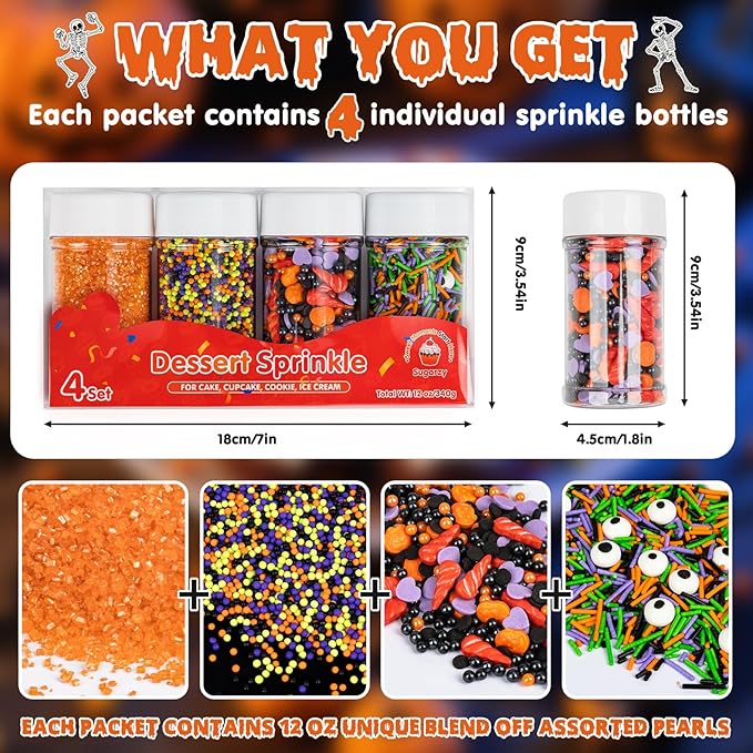 Halloween Sprinkles,Edible Candy Eyeballs,4 Pack,12 ounces,Nonpareils Sprinkle,Thanksgiving Sprinkle,Orange Pumpkin Black Green Pearls Jimmies Sanding Sugar Mix,Perfect for Cake Decorations,Baking,Cookies, Cupcake Topper