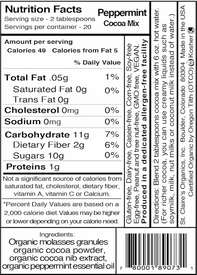 St. Claire's Organic Gourmet Hot Cocoa, (Peppermint, 12 Ounce. Bag, 20 servings) | Allergen-Free, Vegan, GMO-Free, Gluten-Free | Made in our Allergen-Free facility