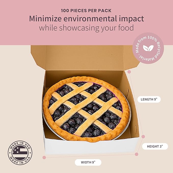 Reversible Bakery Boxes 9 x 9 x 3 in, No Window Lock Corner Pie and Tart Boxes with Front Tuck Lock & Side Clips, Kraft or White Exterior, Microwavable, 100 Pack