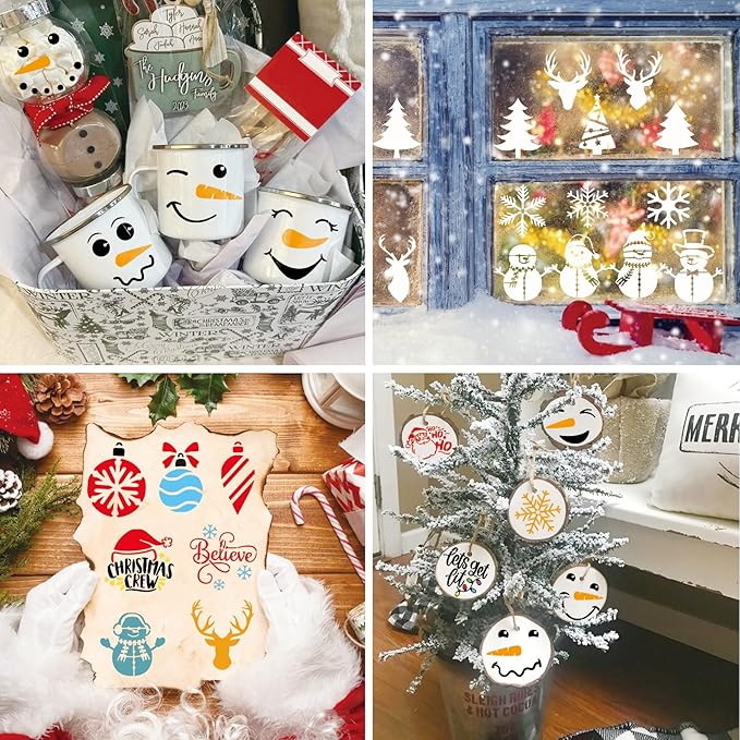 60pcs Christmas Stencils for Painting on Wood 3 Inch Small Nativity Ornament Reusable Holiday Xmas Drawing Stencil Templates for Wood DIY Crafts Card Paper Gift Home (Christmas one)