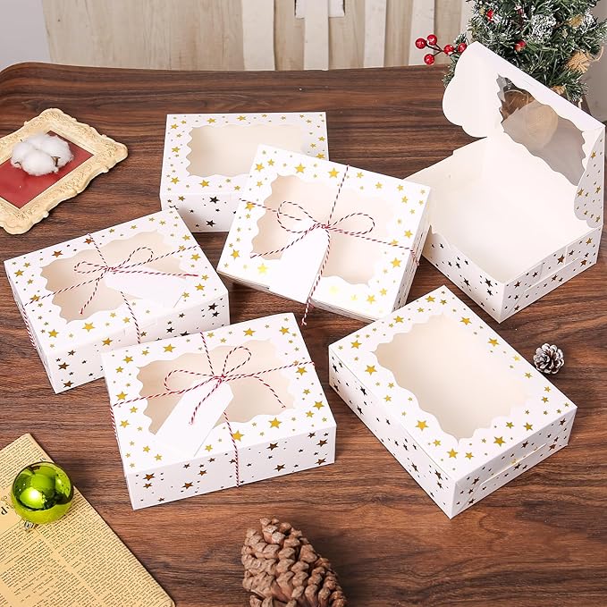BEVOING 36 Pcs 9x6x3 Inches Christmas Cookie Boxes, White Bakery Boxes with Window Gold Foil Star Treat Boxes 9 Inch Bakery Gift Wrapping Box for Xmas Holiday Party Favor Pastries, Chocolate Covered Strawberries, Dessert, Donut
