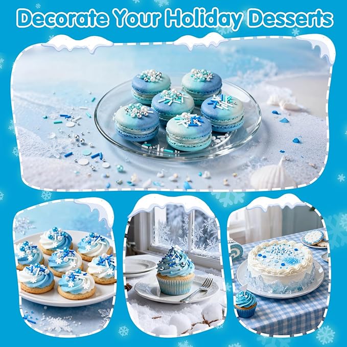 Christmas Edible Blue Silver White Sprinkles,Winter Jimmies Pearls Mix,130g/4.58oz,Perfect for Cake Decorations,Cake and Cupcake Sprinkles with Assorted Shapes and Sizes for Parties Baking, Ice Cream, Cookies, Cupcake Topper