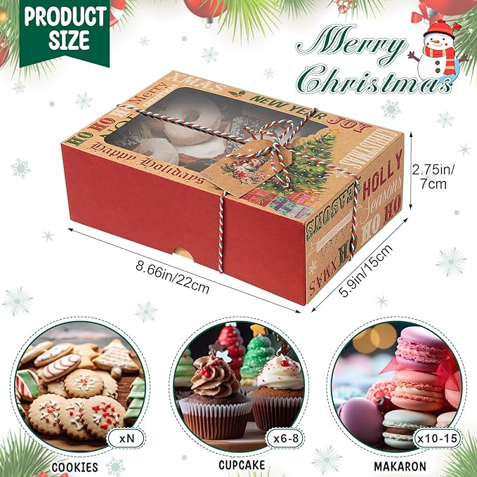 Zachely 24 Christmas Cookie Boxes, Bulk Large Christmas Kraft Paper Treat Boxes with Tags & Ribbons, 6 Styles Holiday Cookie Boxes for Gift Giving, Xmas Cookie Tins with Lids for Cake, Bakery, Donuts