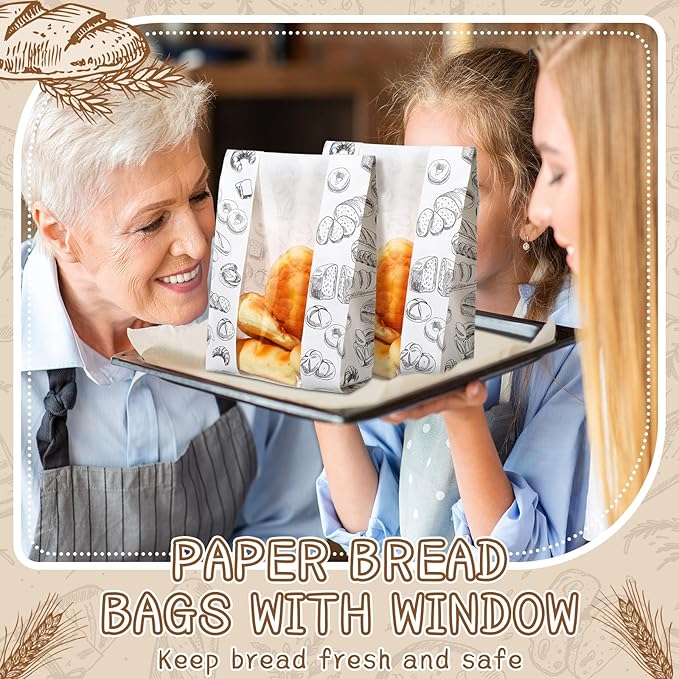 100 Packs Paper Bread Bags for Homemade Bread Sourdough 13.8 x 8.3 x 3.5 Inches Kraft Paper Bakery Bag with Window Label Seal Sticker for Baked Food Packaging Storage(White)