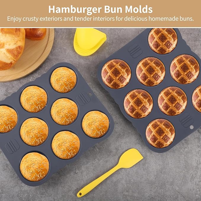 2 Pcs Hamburger Bun Molds, 8-Cup Burger Bun Pans with Spatula, Brush and Grab Glove, Silicone Egg Bite Molds, Silicone Muffin Pans for Baking, Dishwasher and Microwave Safe
