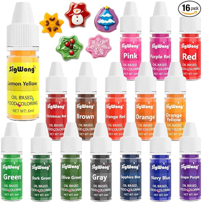 Oil Based Food Coloring for Chocolate - SigWong 16 Colors Upgraded Edible Food Dye Coloring for Christmas Cake Decorating, Baking Cake Color, Cookie, Icing Frosting, Fondant, Meringues - 0.25 Fl.Oz Bottles