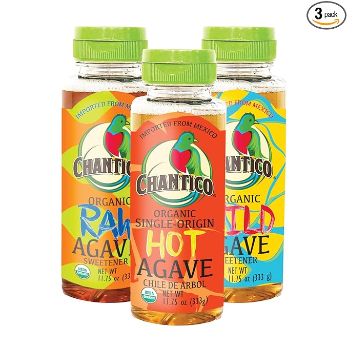 Chantico Agave Organic Sweetener (333g of each, Variety 3 pack, Raw, Wild, Hot), low Glycemic Index, Vegan Sugar substitute, Perfect for use in baking, smoothies, coffee, tea, yogurt