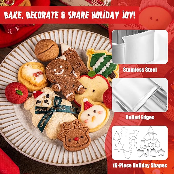 Christmas Cookie Cutter Set 16 Pack Stainless Steel Holiday Shapes (Boots, Bells, Candy Canes, Trees, etc.) for DIY Baking Decorations, Cookies, Fondant, Gingerbread, Holiday Gift Ideas