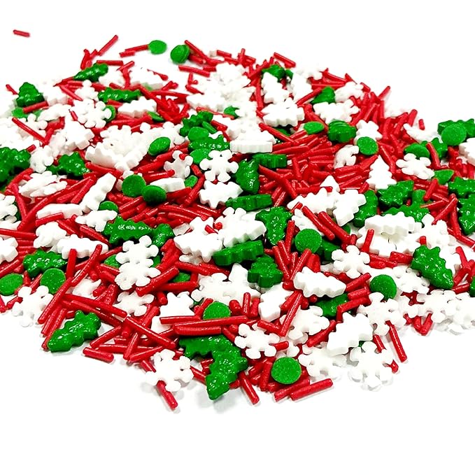 Homipooty Christmas Tree Sprinkles for Cake Decorating 100g/3.5oz Mix of Red and Green Holiday Sprinkles with White Snowflakes Jimmies for Cupcake Toppers Cookie Ice Cream Decorations Celebrations
