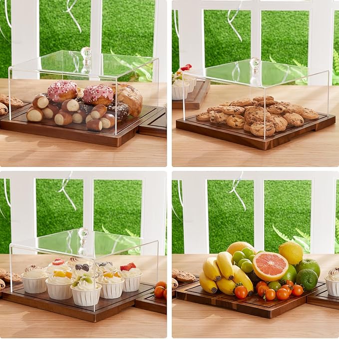 Acacia Wood Cake Stand with Lid-Cake Holder with Dome, 2-in-1 Dessert Table Display Set & Charcuterie Board with Lid,Square Cake Stand for Party,Fruit Tray,Cheese,Veggie,Large Cake Dome Cover
