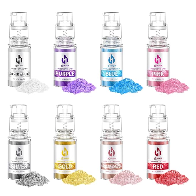 Edible Glitter Spray Set - 8 Colors Food Grade Cake Glitter, Metallic Shimmer Powder Spray for Cupcakes, Cookies, Chocolate, Strawberries & Drinks, 5g/Bottle