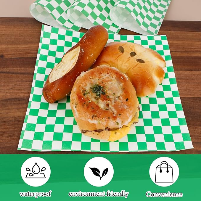 200 Pcs Wax Paper Sheets for Food Deli Wrap Paper Sheets 8.5x8.5"Food Basket Liners Checkered Square Sandwich Wraps for Burgers Bread Restaurant Barbecue Picnic(Green)