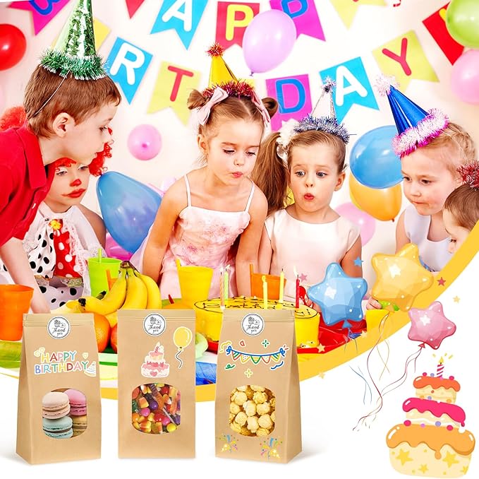 Ocmoiy 100Pcs Medium Bakery Cookie Bags with Window, 4.5x2.36x9.6 Inch Tin Tie Tab Lock Kraft Paper Bags with Thank You Stickers for Cookie, Coffee, Bread