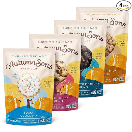 Autumn Sons Baking Co. Gluten Free Cookie Mix Variety Pack. Sugar Cookie, Chocolate Chunk, Double Chocolate Chunk & Oatmeal Cinnamon. Vegan Plant Based Baking Mix. Top 9 Allergen Free. 9.3 oz (Pack of 4)