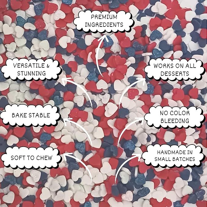 Confect Heart Dessert Sprinkles – Red, White & Navy Blue | Edible Baking Sprinkles for Cake Decorating, Cookies, Cupcakes & Ice Cream | Vegan, Gluten-Free, Soy-Free, Dairy-Free, Palm Oil-Free- 4.2 Oz
