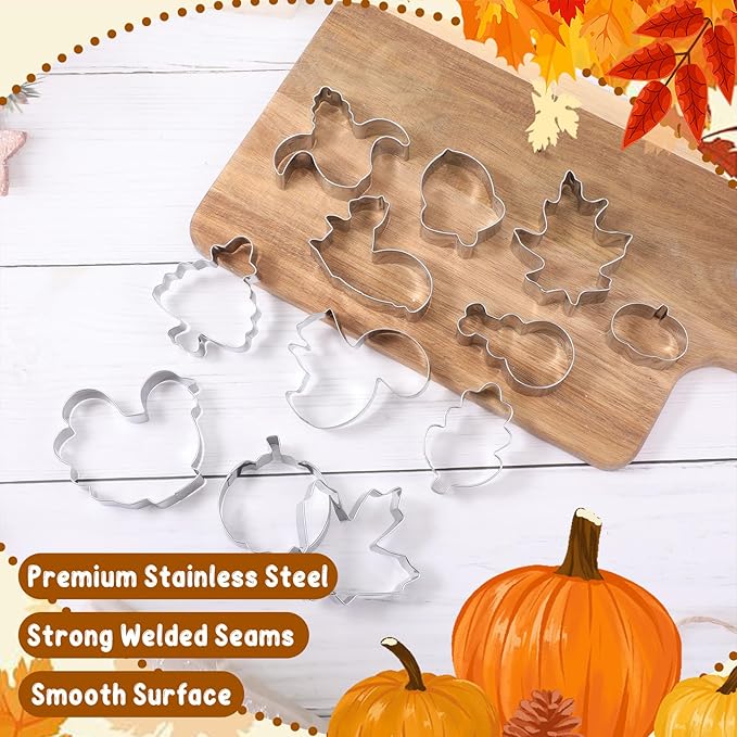 12 Pcs Fall Thanksgiving Cookie Cutter Set Stainless Steel Fall Leaves Cookie Cutter Set Pumpkin Maple Leaves Corn Shaped Baking Pie Crust Mold for Thanksgiving Autumn Harvest Party