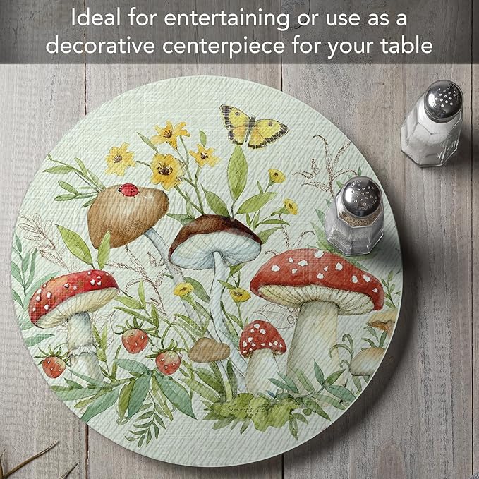 CounterArt Spring Mushrooms 4mm Tempered Glass Lazy Susan Turntable 13" Diameter Condiment Caddy Cake Plate Pizza Server