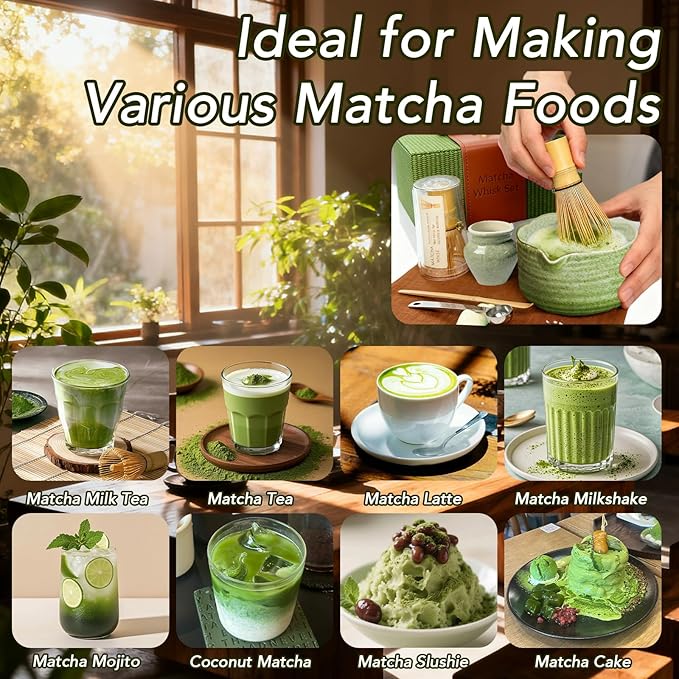 8Pcs Matcha Whisk Set, Matcha Set Includes Ceramic Matcha Bowl, Whisk and Holder, Bamboo Scoop, Scoop Rest, Sifter, Measuring Spoons and Tea Towel Tea Kit Gift Set for Women (Green)