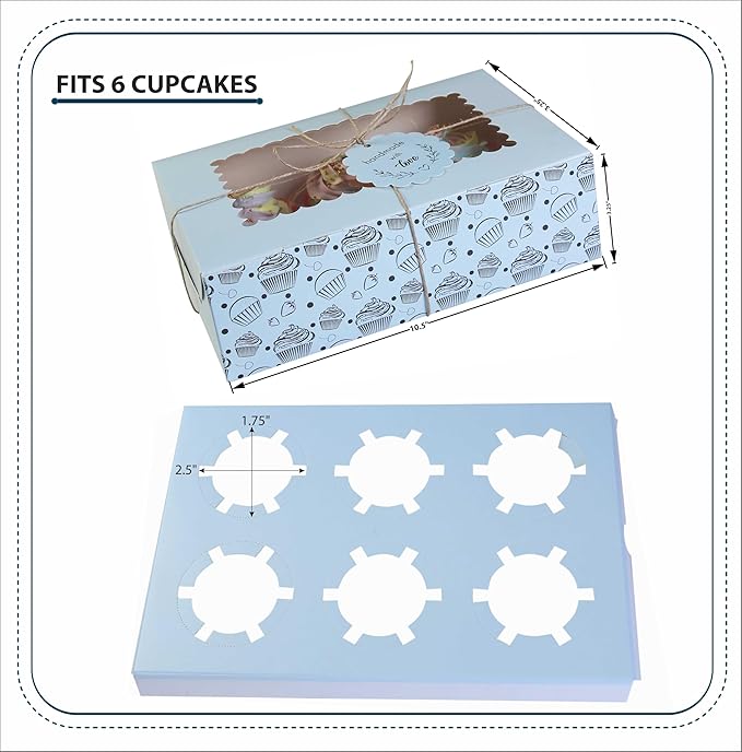 Cupcake and Muffin Boxes (Pack of 20), Fits 6 Treats comes with Insert trays, Tags and Twine (Blue)