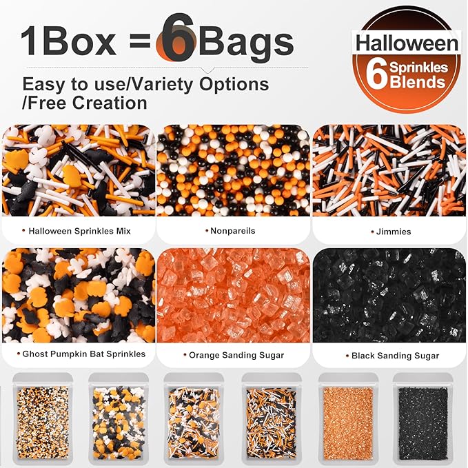 HUEBEATY 6-in-1 Halloween Sprinkles Set – 180g Edible Fall Thanksgiving Pumpkin, Ghost & Bat Confetti Mix with Black & Orange Sugar Crystals, Nonpareils & Jimmies – Spooky Cupcakes, Cookies & Cakes Decorating Toppings