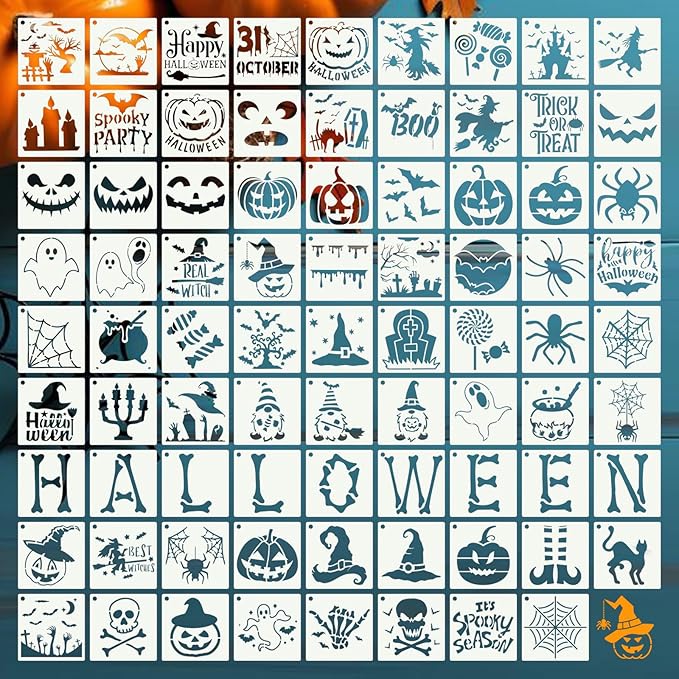 80 Pcs 4 x 4 Inch Halloween Stencils for Painting on Wood, Reusable Happy Pumpkin Spider Web Stencil DIY Ornaments Ghost Paint Template Set for Wall Door Home Decor