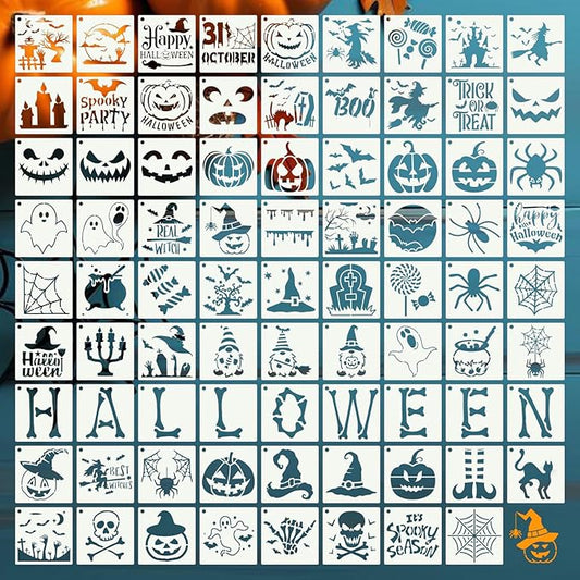 80 Pcs 4 x 4 Inch Halloween Stencils for Painting on Wood, Reusable Happy Pumpkin Spider Web Stencil DIY Ornaments Ghost Paint Template Set for Wall Door Home Decor