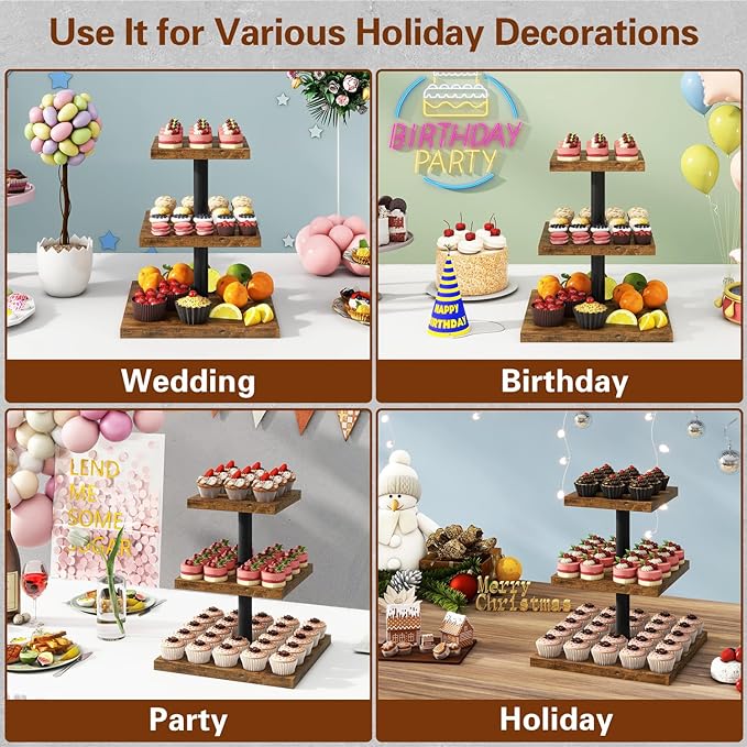 IBUYKE 3 Tier Cupcake Stand,Wood Durable Cupcake Tower,Square Serving Dessert Display Stand,Cupcake Tray Stand,Dessert Tree Tower for Christmas Birthday,Home Party, Wedding, Baby Shower,Rustic Brown UTLJ014H