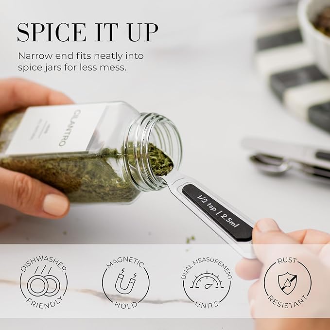 Stainless Steel Magnetic Measuring Spoons Set - 8-Piece Heavy Duty Metal, BPA-free, Stackable, Double Sided Measuring Spoons with Leveler for Dry and Liquid Ingredient - Fits in Spice Jars
