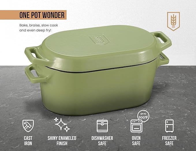 KooK Dutch Oven, for Bread Baking, Sourdough Loaf Pan, Dual Handles, Enameled Cast Iron, with Sling, Dishwasher Safe, 3.4 Qt, Sage Ombre