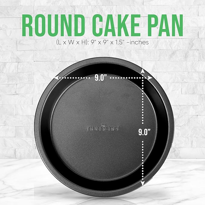 NutriChef 9-Inch Round Cake Pan - Nonstick Carbon Steel Baking Pan w/ Even Heating for Uniform Baking - Dishwasher Safe Bakeware, Black
