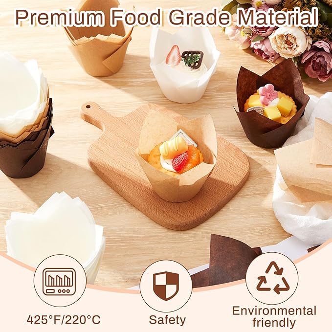 300 Pcs Jumbo Muffin Liners for Baking 2-1/4" x 4" Large Tulip Cupcake Liners Greaseproof Cupcake Wrapper Paper for Weddings Birthday Christmas Anniversaries Party (Light Brown,White,Brown)