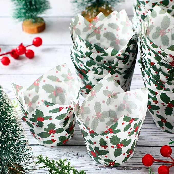 Uiifan 200 Pcs Holly Christmas Tulip Cupcake Liners Christmas Cupcake Wrappers Holly Muffin Liners Holders Tulip Wrappers for Party Decoration
