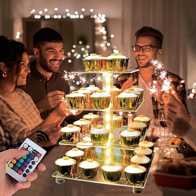 Cupcake Stand Acrylic 5 Tier Tower Display Cupcake Cake Stand with Remote LED Light,Multiple Color Changing Modes,Transparency Serving Tray for Any Parties Events(Large Size)