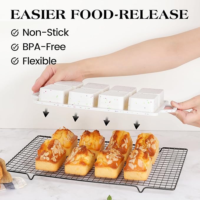 2 Pcs Mini Loaf Pans with Metal Reinforced Frame, Nonstick Small Silicone Bread Pans for Baking, 8 Cavity Tiny Meatloaf Pan (Cream)