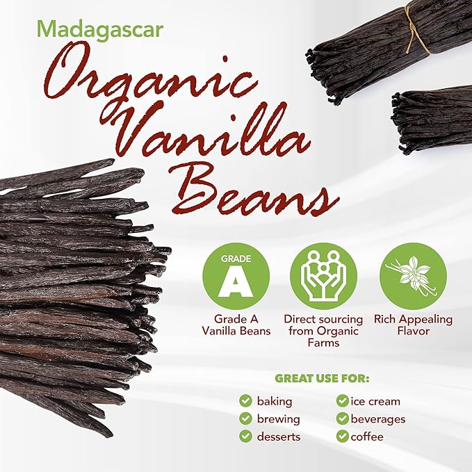 5 Organic Madagascar Vanilla Beans Grade A. Certified USDA Organic. 6"-7.5" Fresh by FITNCLEAN VANILLA for Extract, Paste, Cooking and Baking. NON-GMO Whole Pods