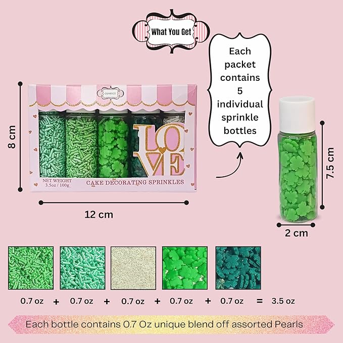 Confect St. Patricks Green & White Vermicelli Sprinkles Mix | Edible Sprinkles for Baking & Cake Decorative | Cookie Sprinkles | Edible Sprinkles mix pack of 5 | Soy-Free, Dairy-Free, Palm Oil-Free - 5 Oz