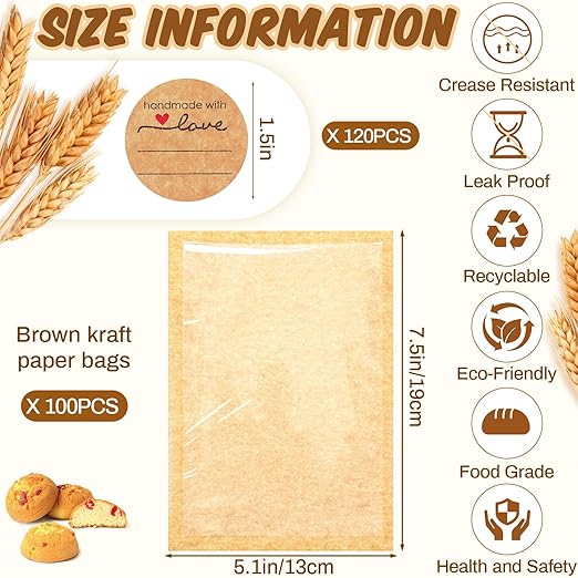 Outus 100 Pcs Cookie Packaging Bags with Seal, 5.1 x 7.5 Inch Bakery Pastry Bags with Window, Heat Sealable Grease Resistant Paper to Go Bake Sleeves for Gift Giving Donut Bread Sandwich (Brown)