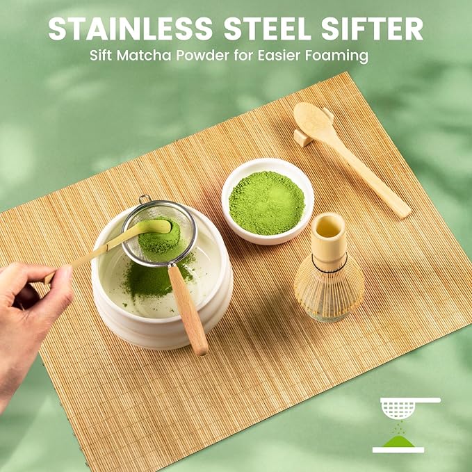 COANTO Matcha Whisk Set - Includes Sifter Bamboo Whisk (Chasen), Tea Spoon, Spoon Holder, Scoop and Green Whisk Holder, 6pcs (No Bowl Included)