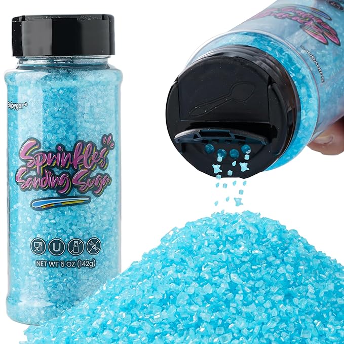 Sujoygar Light Blue Saning Sugar Sprinkles, 5oz Edible Blue Sugar Crystals for Cocktails, Cake Sprinkles for Chocolate Ice Cream Toppings Cupcake Decoration Wedding Party Cookies Baking Dessert Food Supplies
