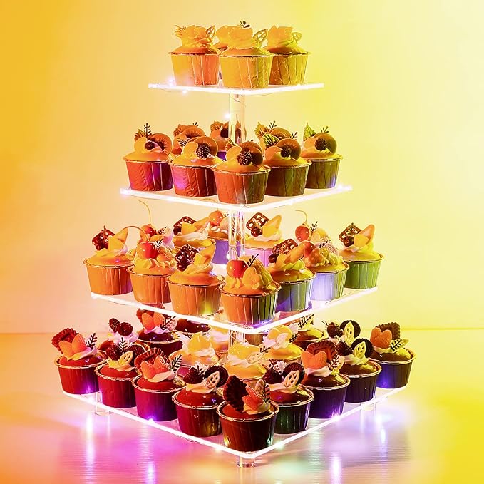 Cupcake Stand, 4-Tier Square Cupcake Holder with LED light String, Acrylic Cupcake Tower Display-Dessert Tower-Pastry Stand-Cupcake Tier Stand for Wedding, Birthday party ( Colorful Light)