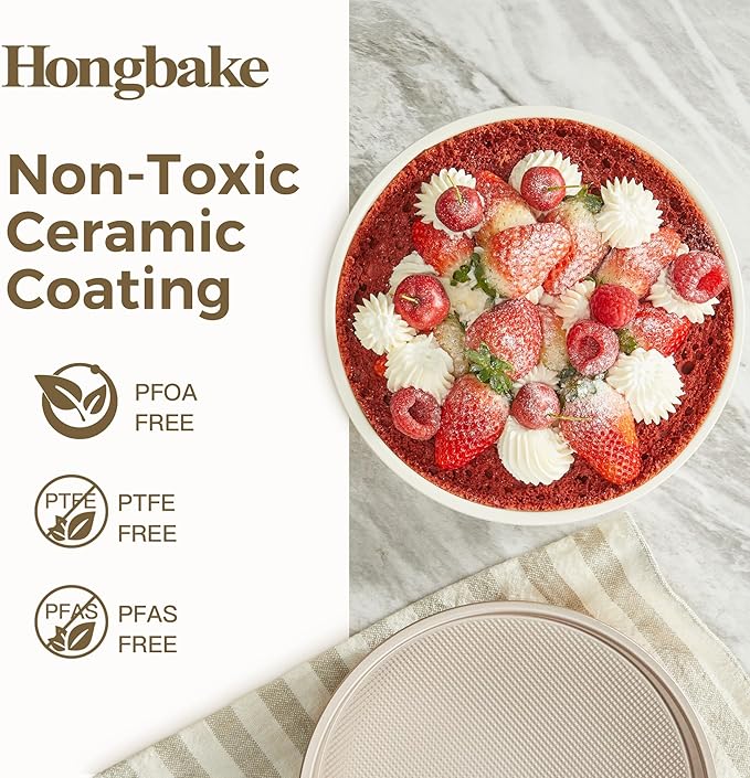 HONGBAKE 9 Inch Round Cake Pan Set of 2, Nonstick Ceramic Coating Cake Molds with Diamond Texture, Aluminized Steel Cake Pans Sets for Baking & Cheesecake, Heavy Duty & Non-Toxic (Gold, 2PCS)