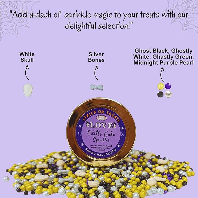 Confect Mix Lime Green, Silver, Midnight Purple & Ghostly Black Pearl Sprinkles | Edible Halloween Sprinkles | Spider Skulls & Bones sprinkles | Ghost Sprinkles - 2 Oz