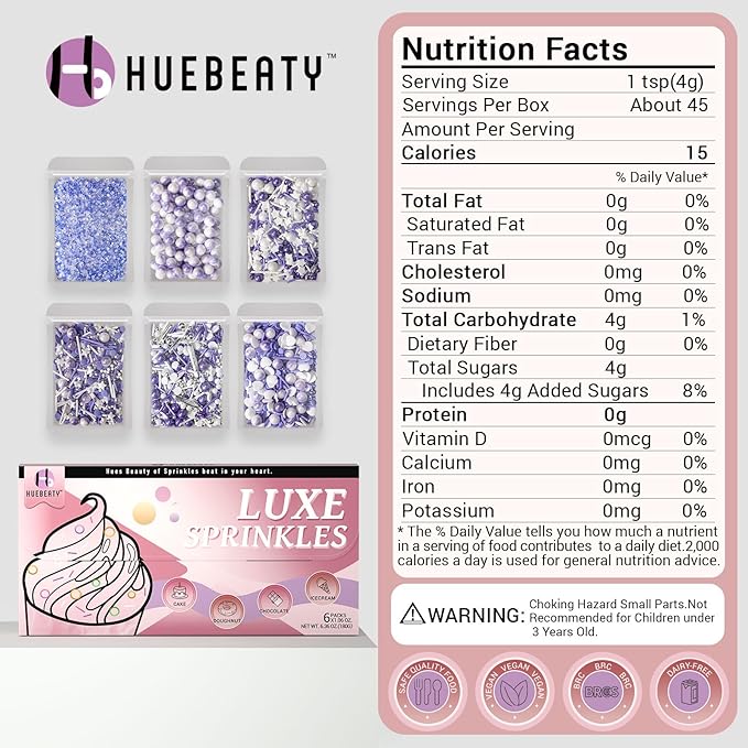 Huebeaty 6-in-1 Purple Sprinkles for Cake & Cupcake Decorating – 180g Edible Sanding Sugar & Pearl Sprinkles Mix for Birthday, Wedding, Unicorn & Mermaid Themes (Purple and Silver)