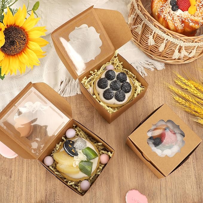 TOMNK 100pcs 4x4x2.5 Small Cookie Boxes, Mini Dessert Boxes with Window for Cupcakes, Macarons, Chocolate,Strawberries, Muffins(Kraft Paper)