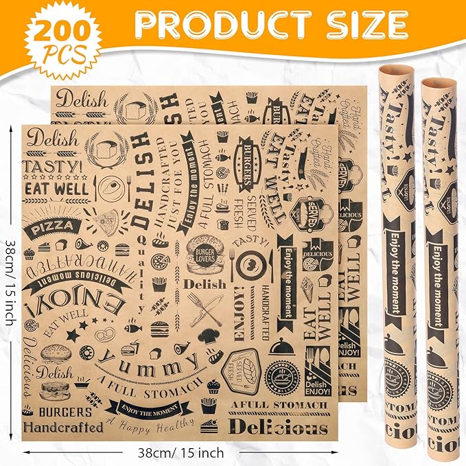 200 Pcs Deli Wax Paper Sheets 15 x 15 Inch Large Newsprint Sandwich Paper Wraps Greaseproof Food Basket Liners Newspaper Wrapping Square for Halloween Christmas Burger Bread BBQ Picnic (Brown Black)