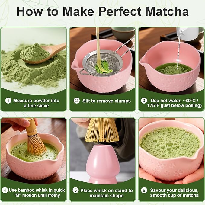 Matcha Set, 9 Pcs Ceramic Matcha Set Includes Bowl, Whisk and Holder, Bamboo Scoop, Scoop Rest, Sifter and Tea Towel ect- Complete Kit for Traditional Matcha, Modern Lattes (Pink)